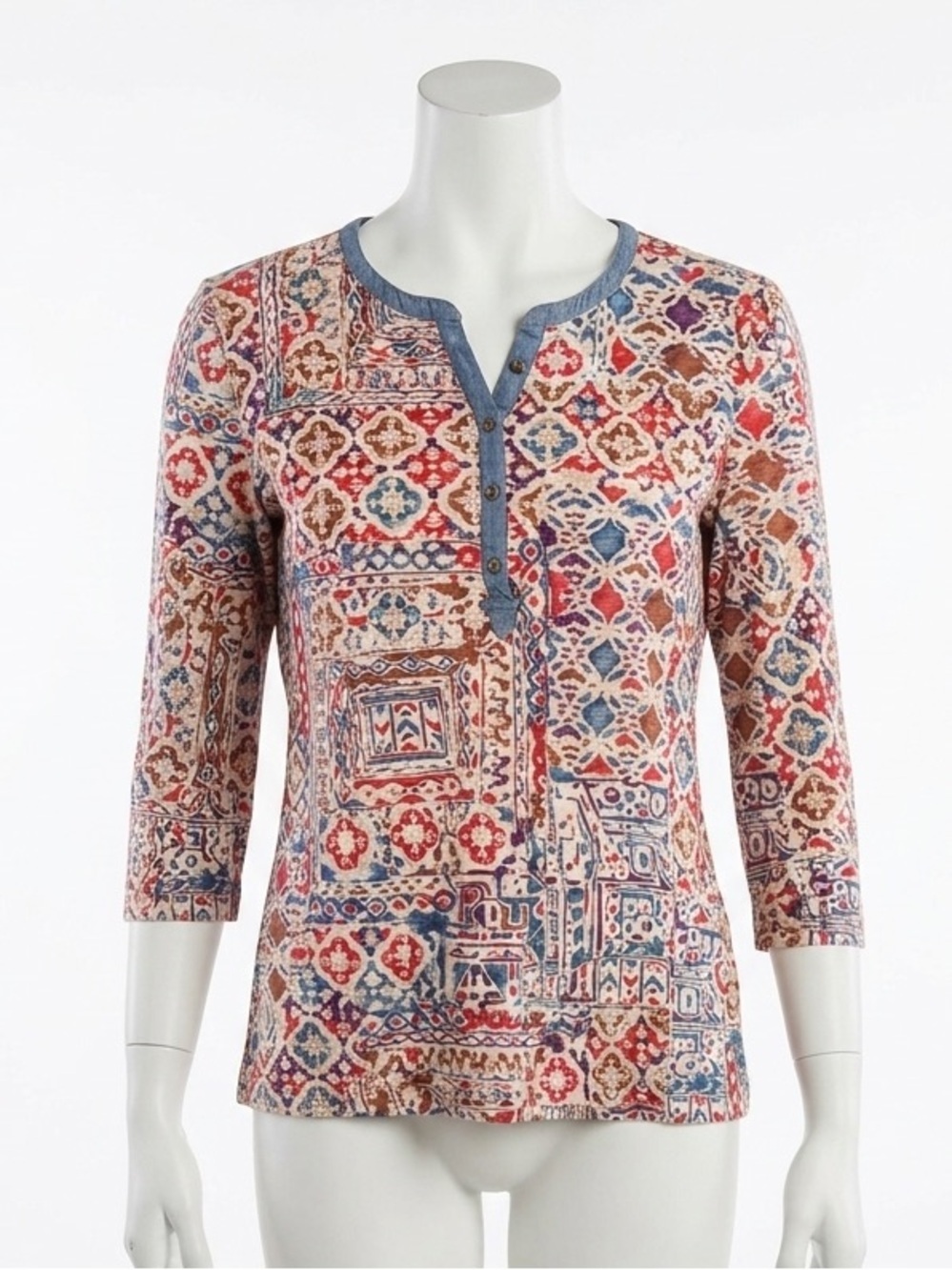 Ralph Lauren Lauren Jeans Co Boho Geometric Print Cotton Henley Top Womens Sz XL